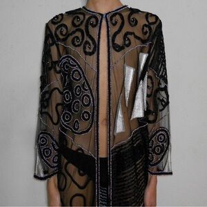 80s Vintage Sheer Black and Silver Beaded Duster